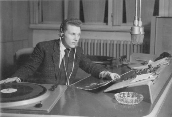 David at the turntables, British Forces Network, 1959